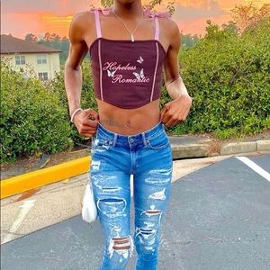 Brown/Pink “Hopeless Romantic” Butterfly Crop cami top
